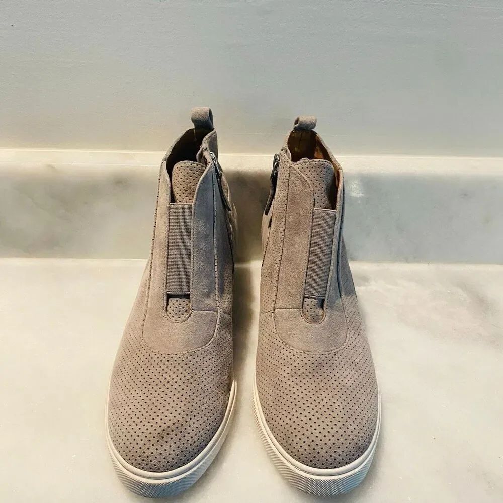 Linea Paolo Perforated Suede Wedge Felicia Sneaker Bootie Taupe Size 7.5